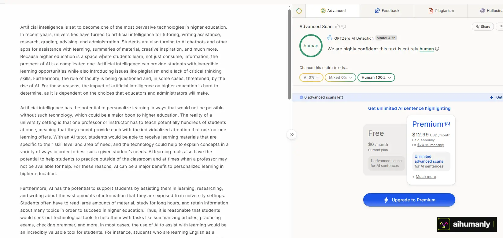 CleverHumanizer Essay 1 — GPTZero Result