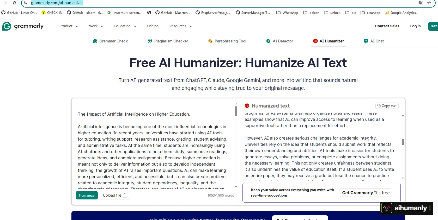 Grammarly AI Humanizer Interface
