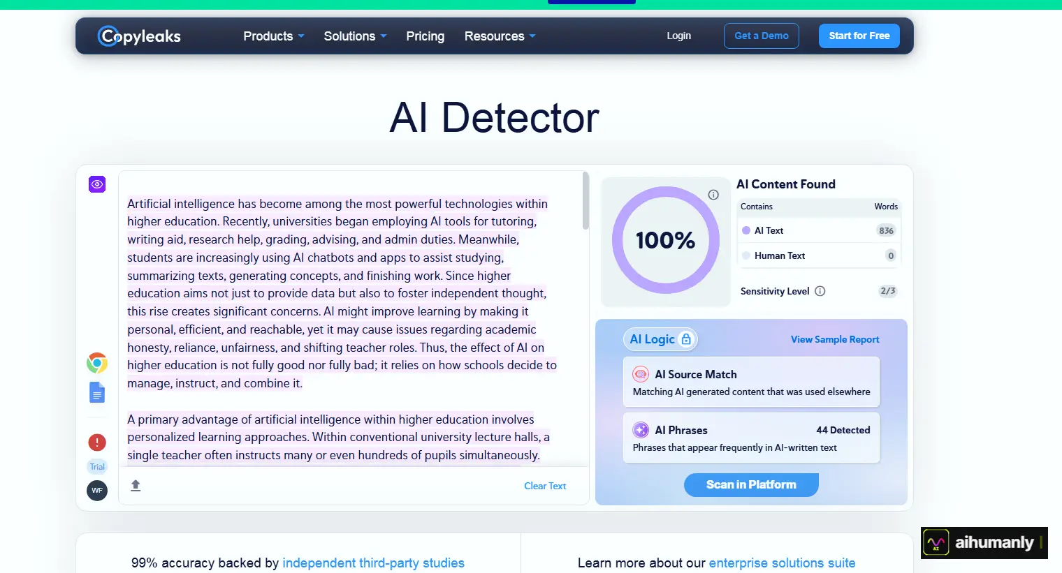 HumanizeAIText Essay 1 — Copyleaks Result