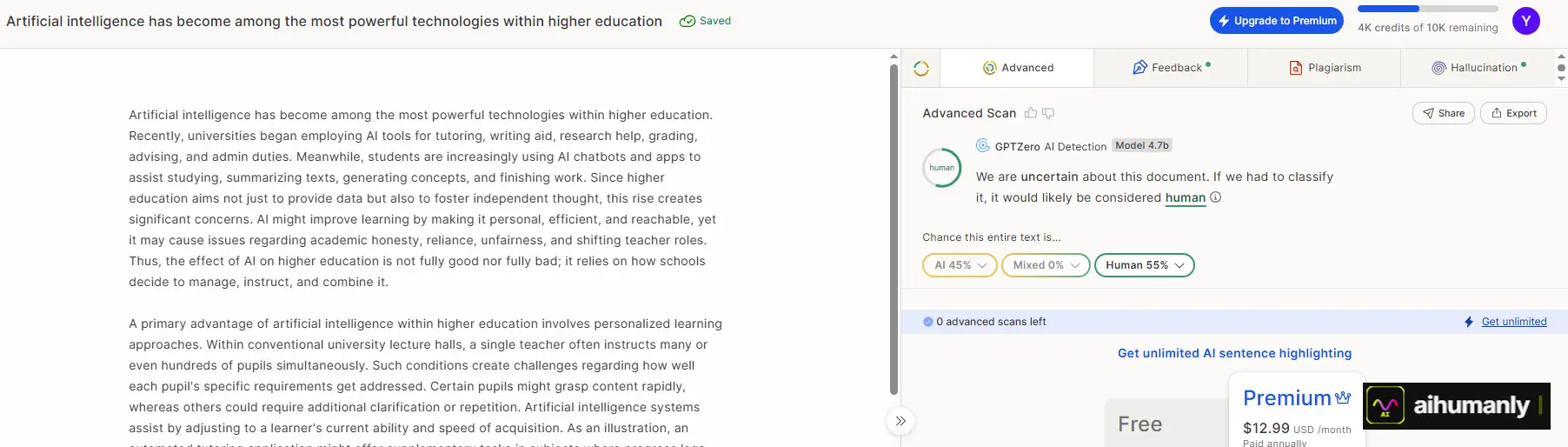 HumanizeAIText Essay 1 — GPTZero Result