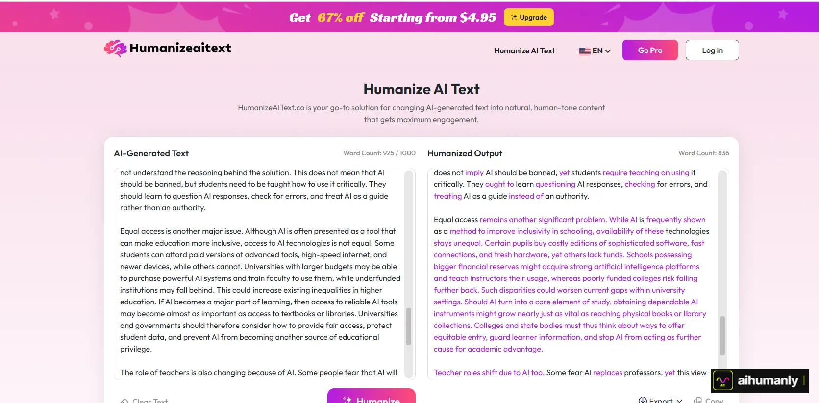 HumanizeAIText Interface