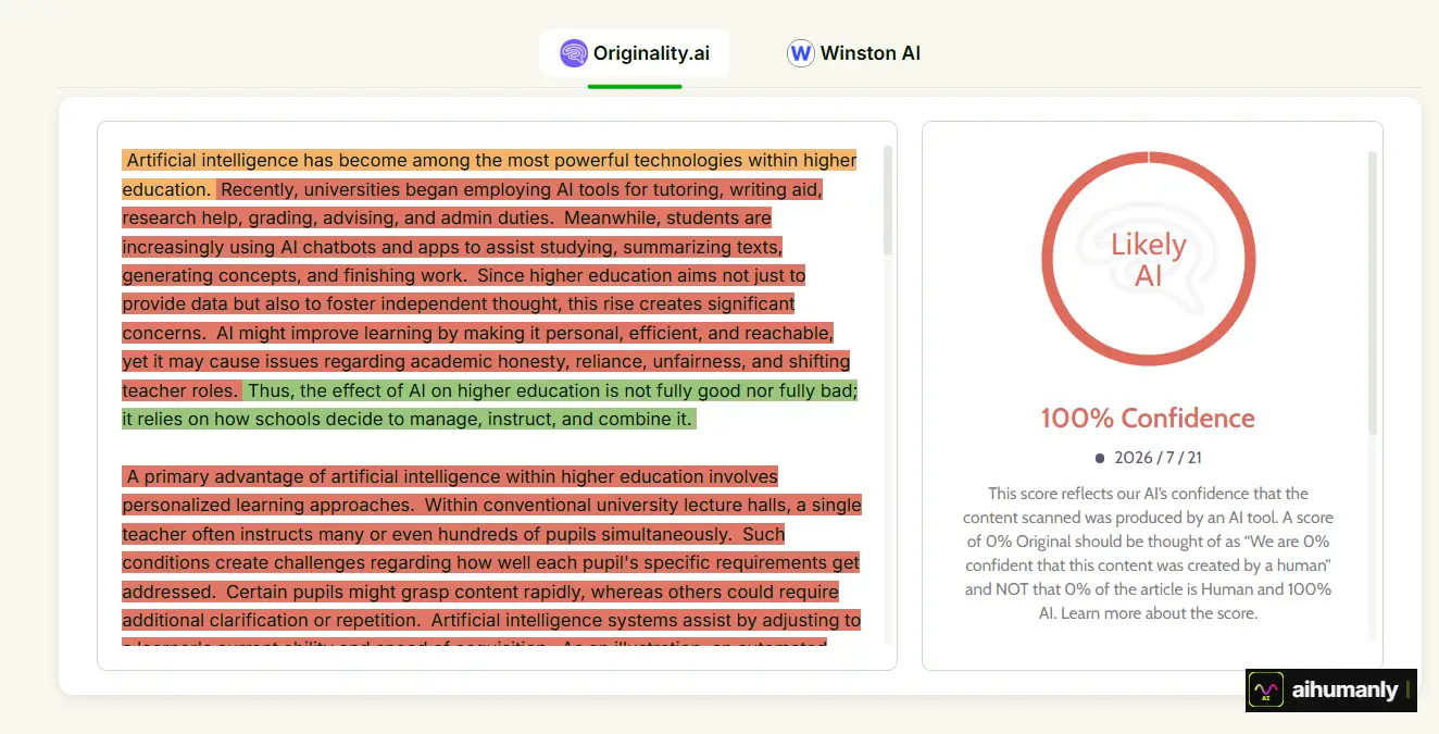 HumanizeAIText Essay 1 — Originality.ai Result