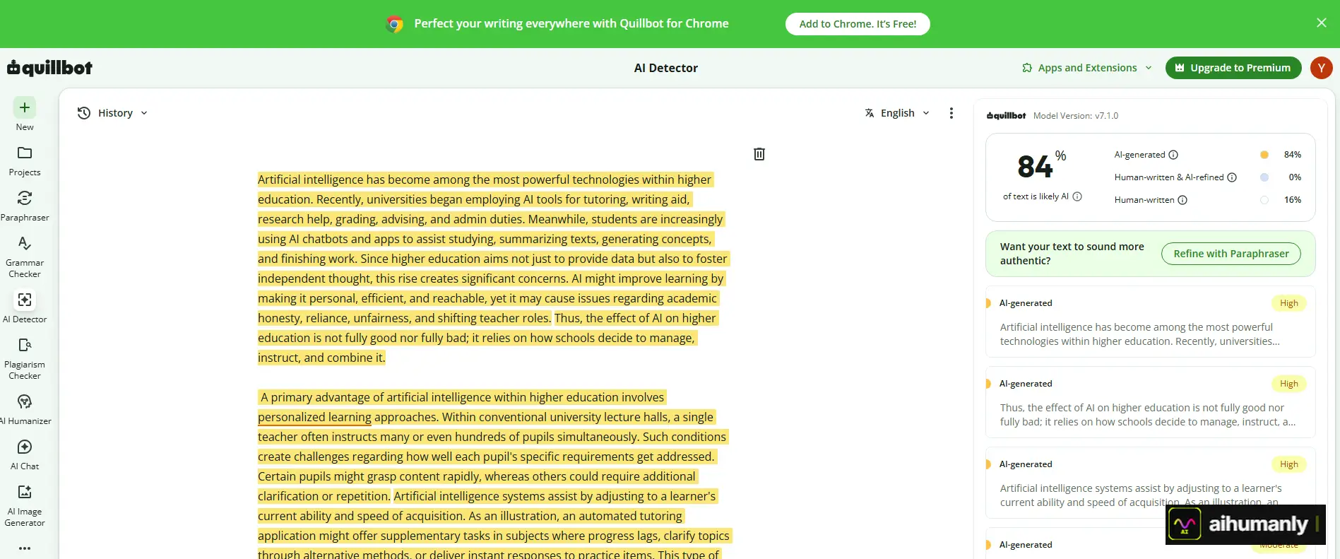 HumanizeAIText Essay 1 — QuillBot Result