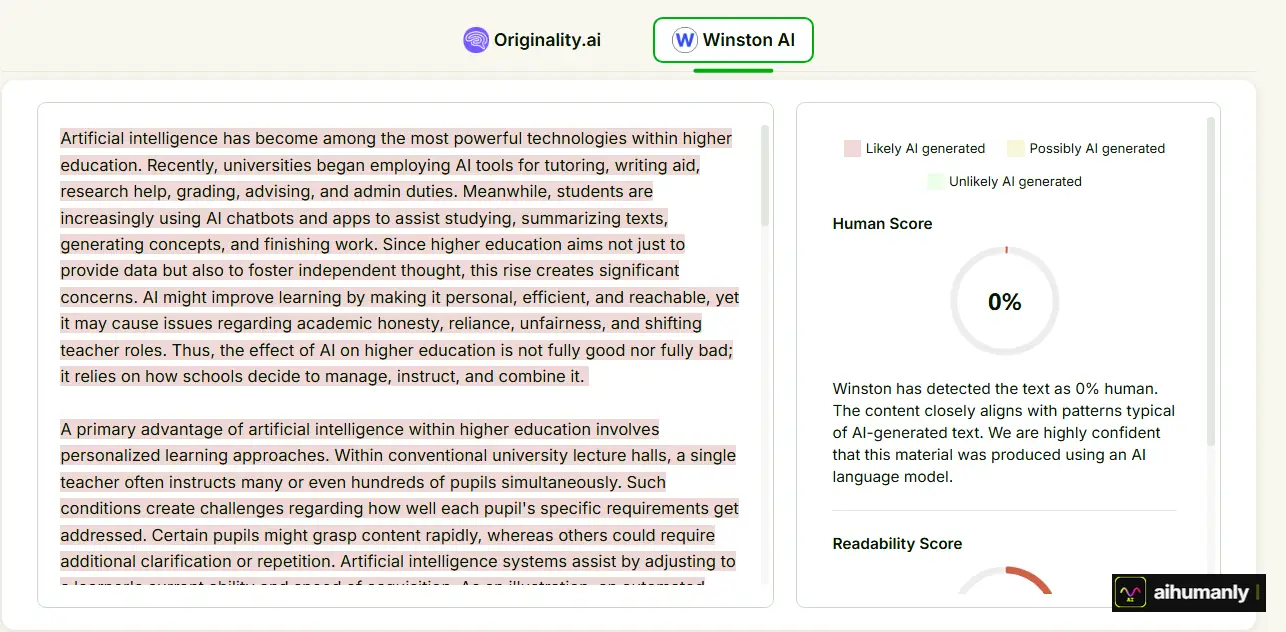 HumanizeAIText Essay 1 — Winston AI Result