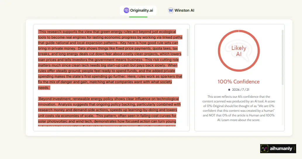 HumanizeAIText Essay 2 — Originality.ai Result
